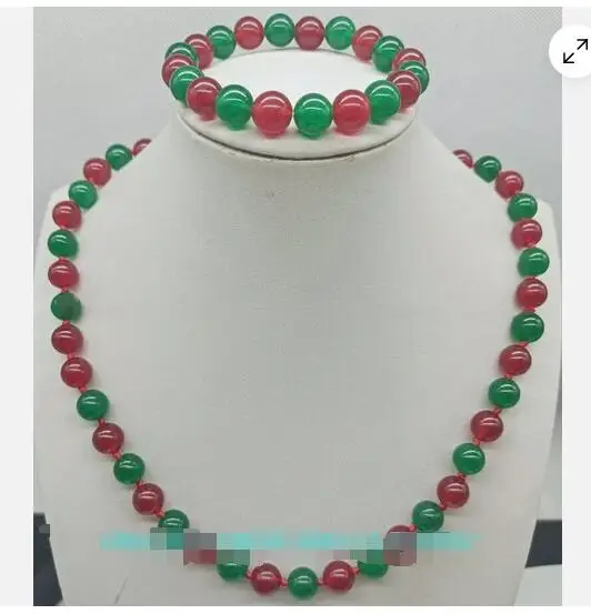 Ensemble collier et bracelet en pierres précieuses, perles rondes, rouge naturel, diversifier, vert, 8mm