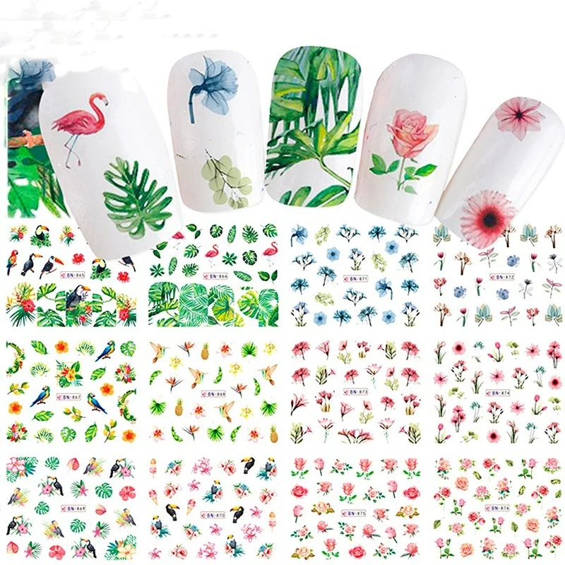 

12 Sheets Flamingo Nail Stickers Animal Water Transfer Decals Summer Tropical Plant Manicure Water Sticker Nail Art Decorations