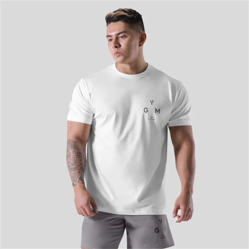 M-4XL High Elasticity Cotton Summer Mens Gym Short Sleeve T shirt Fitness Bodybuilding Small Letter Print Male Clothing Tee Tops