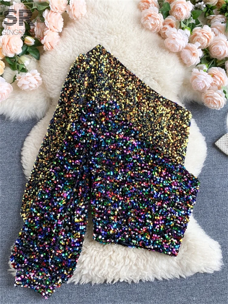 SINGREINY Basics Sequined Tops Skew Collar Off Shoulder Puff Sleeve Shirts Design Streetwear Slim Glitter Shinny Fashion Blouse