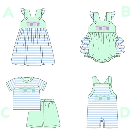 Boutique children's suit pearl lace sand bucket print dress girl boy striped shorts suit baby jumpsuit summer clothing