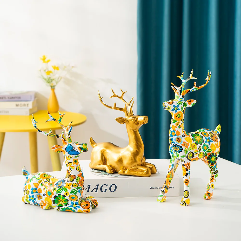 

‌Nordic Deer Sculpture Resin Decor‌ – Water Transfer Print Art, Lucky Fortune Animal for Living Room & TV Cabinet