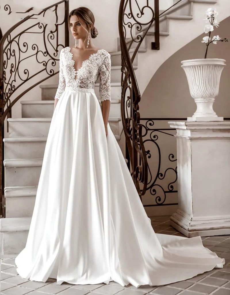 Elegant Long Sleeve Lace Wedding Dresses V-Neck Satin A-Line 2022 vestido de novia Bridal Gown New Vintage Simple