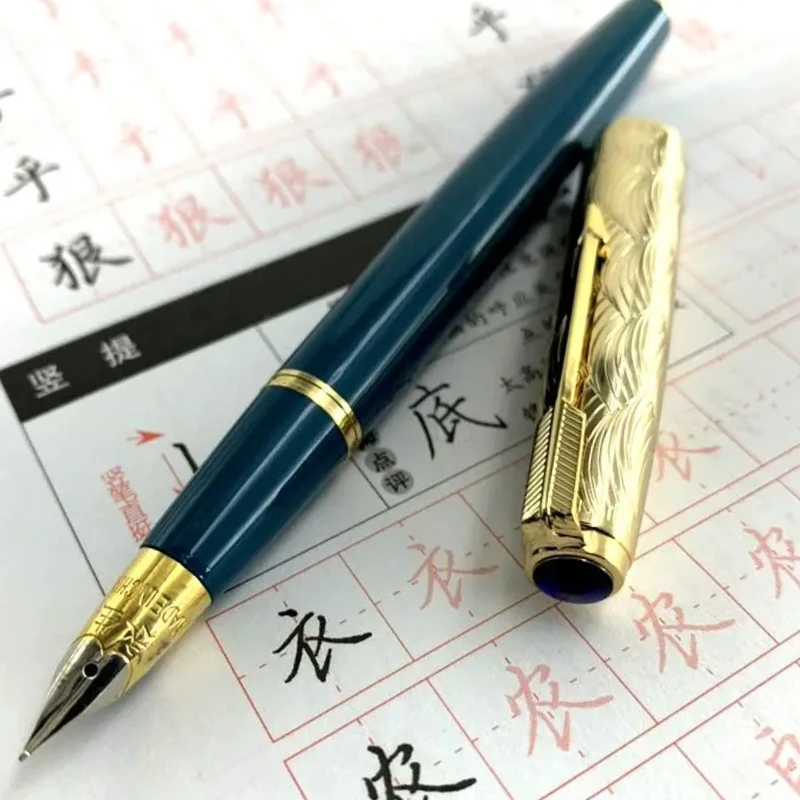 

WingSung 601A Vacuum Piston Fountain Pen F 0.5mm Iridium Nib Double Blue Stone Gold Carving Cap Writing Gift Pen Stationery