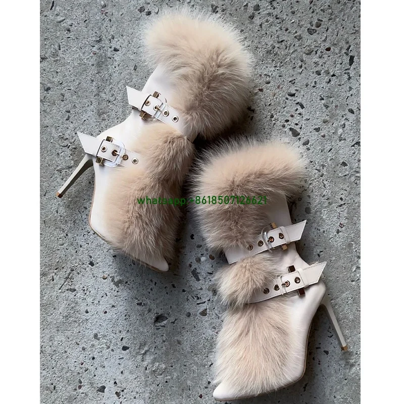 

Pointed Toe Stiletto Buckle Furry Boots Slip-On Stitching Fashionable Women's Calf Boots