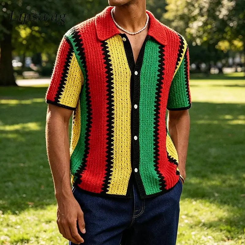 

Vintage Contrast Color Striped Shirts Mens Knitted Short Sleeve Buttoned Lapel Casual Shirt Summer Vintage Men Slim Knit Shirts