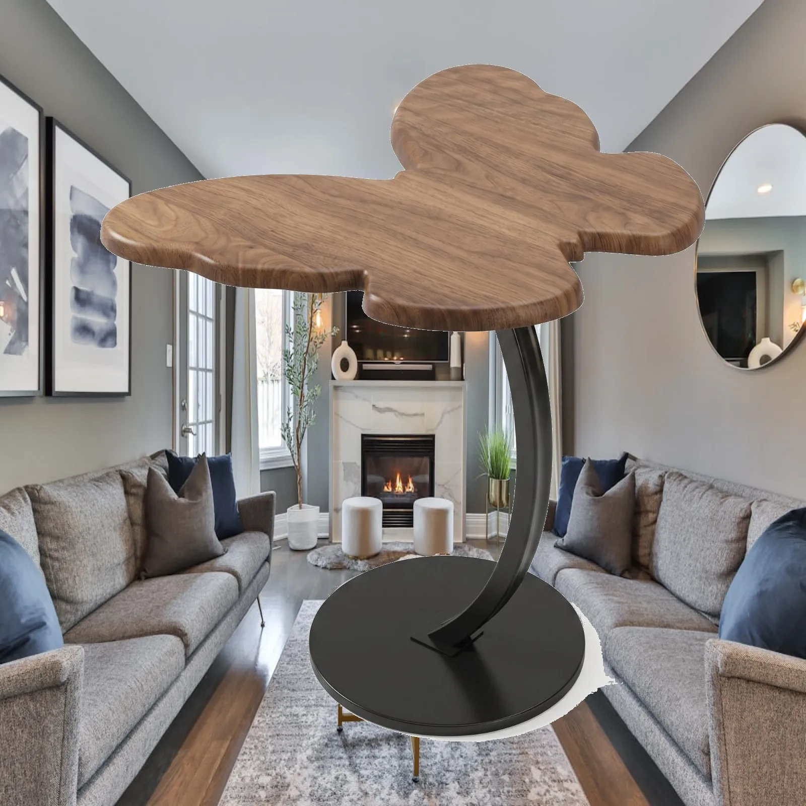 Modern Compact Side Stand Wood Top Wrought Iron Base for Sofa Couch Table Home Room Furniture