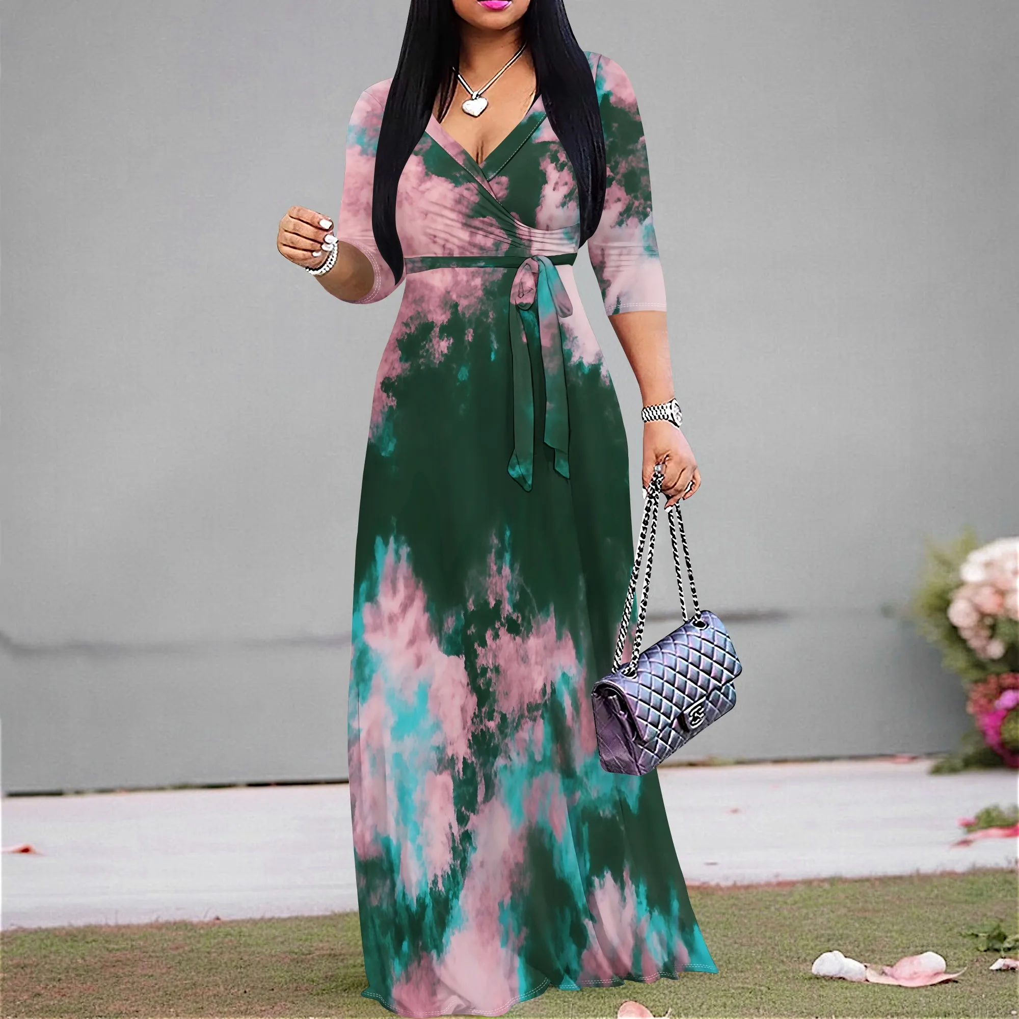 

Green Pink Ink Cloud Print Maxi Dress S-3XL V-Neck Wrap 3/4 Sleeve with Belt for Spring Evening, Art Show or Garden Party