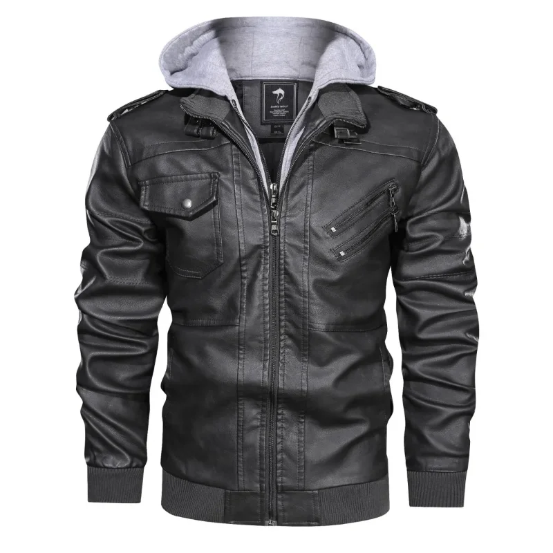 

New Leather Jacket Men's Spring, Autumn Winter Loose Casual Motorcycle Hooded Short Windproof Jacket