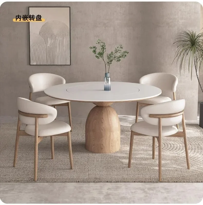 N44 Household White Dining Table with Turntable Designer Solid Wood Log Cream Style Stone Plate round Table