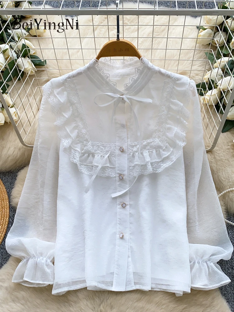 

Beiyingni, весенне-осенние женские рубашки с длинными рукавами, элегантные темпераментные офисные женские топы, свободные черные рубашки на шнуровке OL Blusas