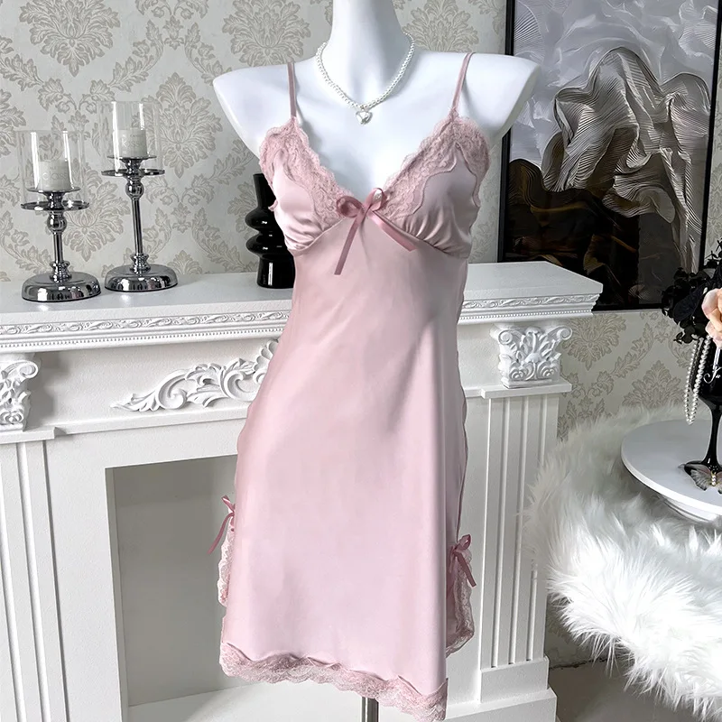 French Sexy Spicy Girl Style Ice Silk Nightgown for Women Summer New Fashionable Plus Size Lace Suspender High-end Feeling Dress