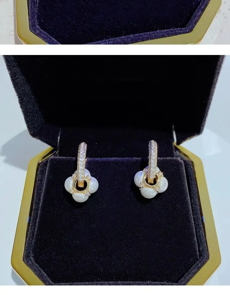 Neues Design, luxuriöser, mikropavébesetzter Zirkon-Ohrring mit Goldfarbenem Verschluss und künstlichem Perlenanhänger für Damen, vielseitiges Schmuck-Accessoire – Detail 19