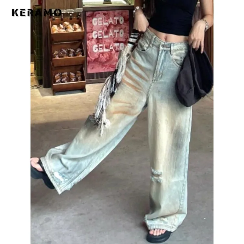 2024 Summer Women's Casual Retro Ripped Jeans Vintage Aesthetic Loose Washed Pants Y2K Wide Leg Tie Dye Street Denim Trouser