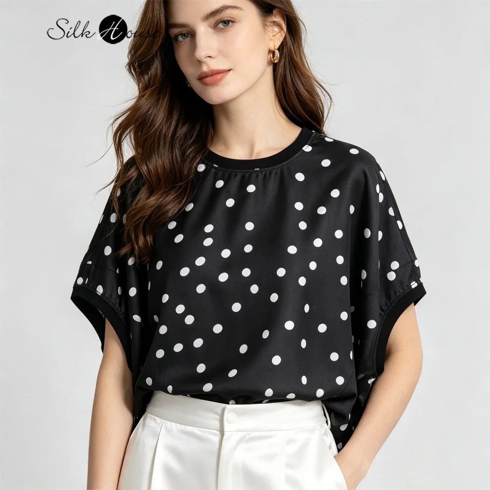 Übergrößes, inspiriertes Design mit gewebtem Kragen, 100% natürliche Maulbeerseide, Twill-Seide mit Polka-Dot-Print, lockeres, vielseitiges Damen-T-Shirt