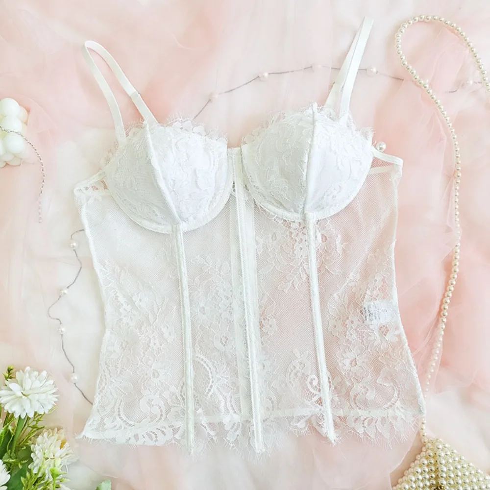 

Spicy Girl Style Fish Bone Wrapped Lace Camisole Hollow Back Chest Buckle Lace Corset Streetwear Slim Fit Crop Tops Party