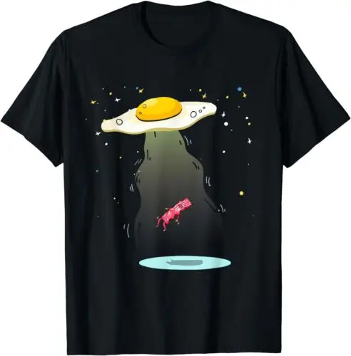 NEW LIMITED Cool Egg Abducting Bacon Funny UFO Breakfast Food Pork T-Shirt