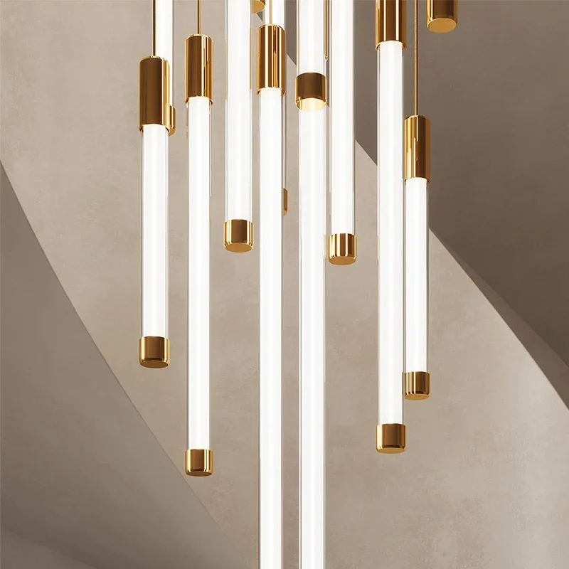 

Italian minimalist designer model room, living room with a ceiling, loft villa, staircase, Nordic spiral staircase chandelier