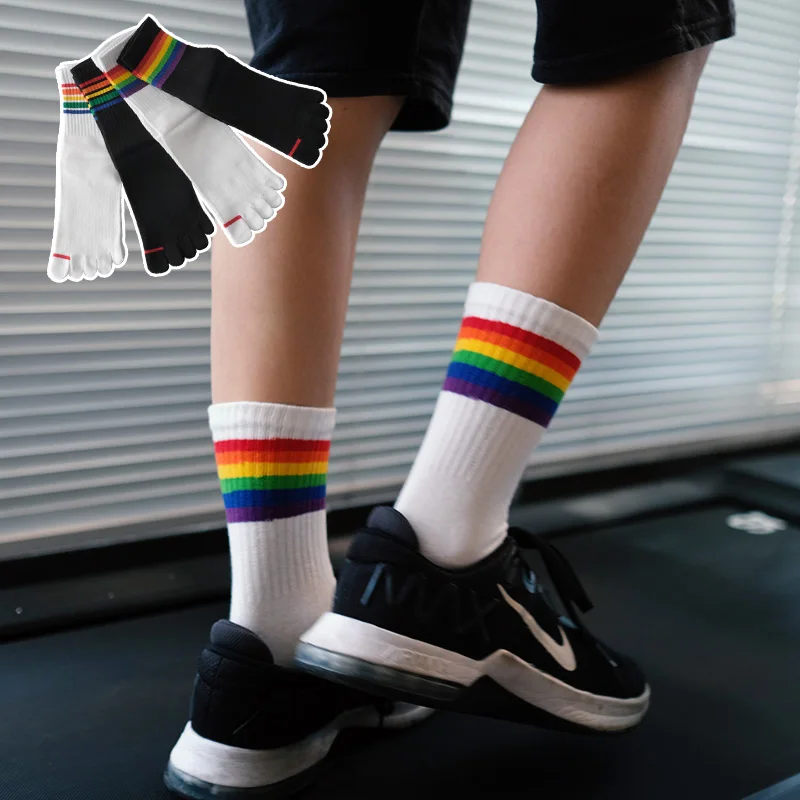 Winter New Rainbow Cotton Five-finger Socks Men Toe Socks Set High-top Five-toe Men's Sock