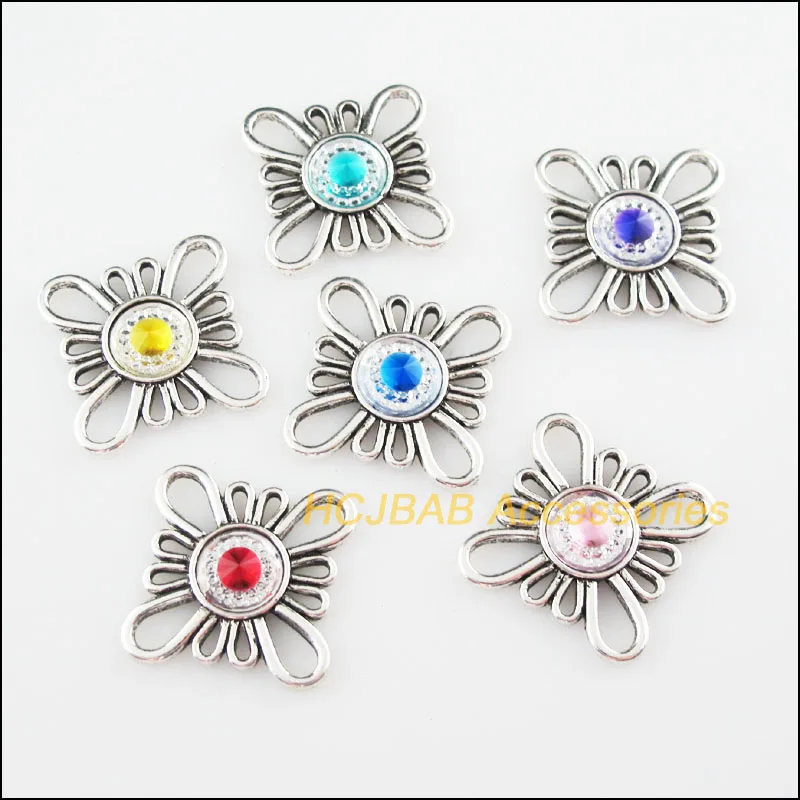 

6Pcs Tibetan Silver Plated Color Flower Mixed Resin Charms Pendant Connectors 31mm