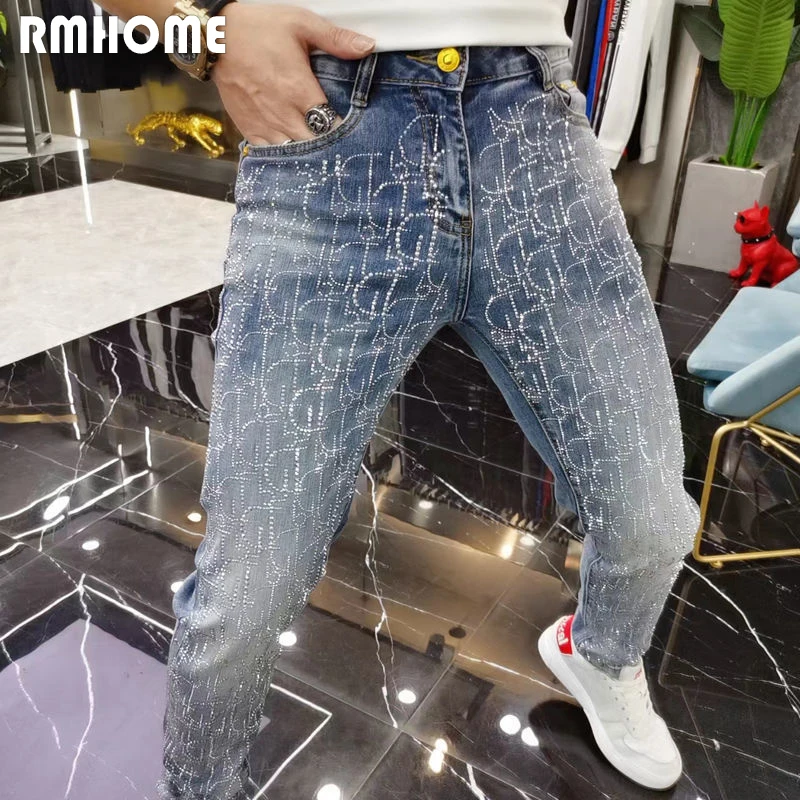 Pantalones vaqueros de lujo con diamantes de imitación para hombre, pantalones ajustados de alta calidad, a la moda, para todas las estaciones