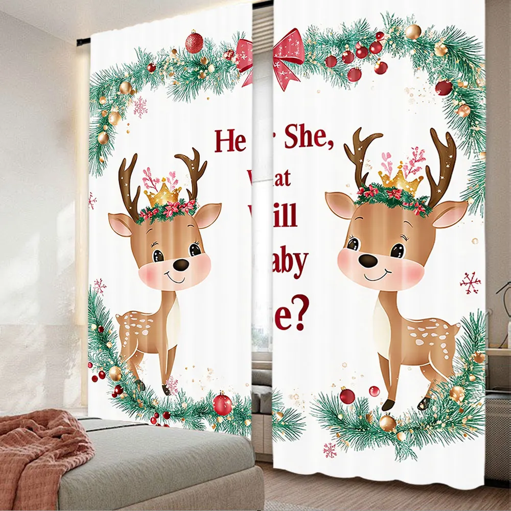 

2Pcs Christmas Curtains Deer Gender Reveal He Or She Merry Christmas Newborn Suitable For Bedroom Living Room Dining Room