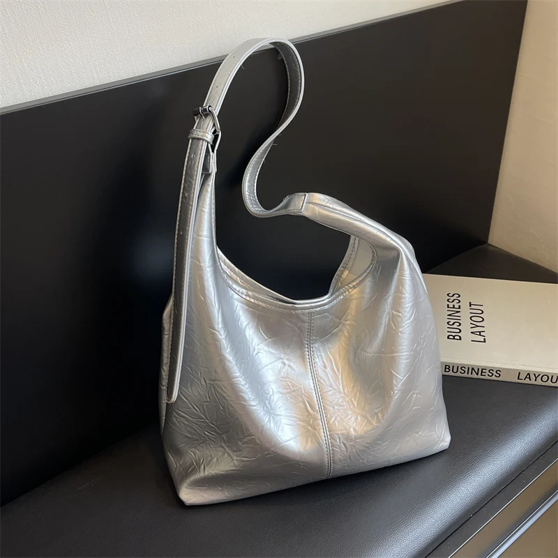 Large Capacity Shoulder Bag Fashion Leather Composite Women Bags Trend Black Silver Ladies Crossbdy  Handbag Commuter Bag 2 Set