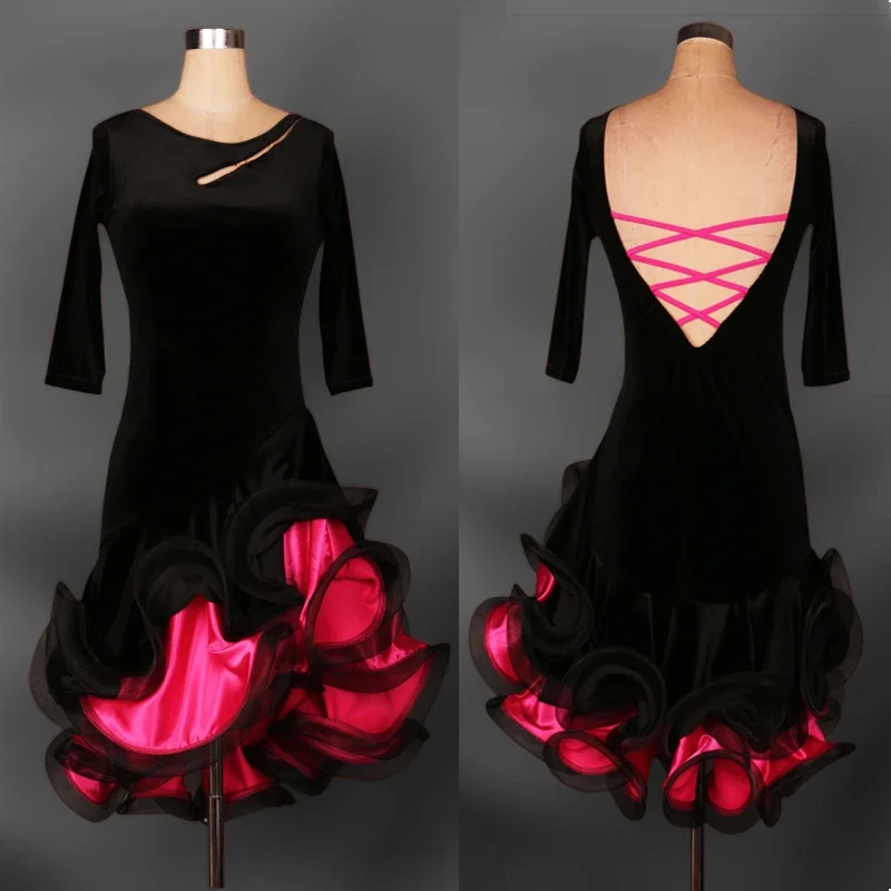 Vestido de dança latina manga longa feminino competição adulto roxo preto vermelho trajes flamenco salão salsa samba tango vestidos