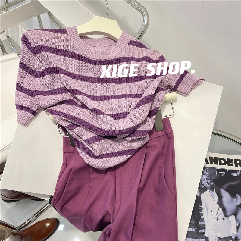 

Spring Summer New Style Women's Loose Fit Short Sleeve Knitwear round Neck Striped Color Block Slimming Purple Top