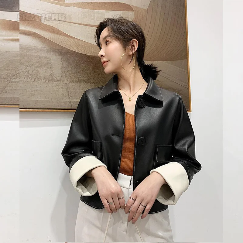 

Women's Small Leather Clothes Autumn New Women's Short Square Neck Black Loose Coat Cuffs Color Blocking Fashion Leather Jacket