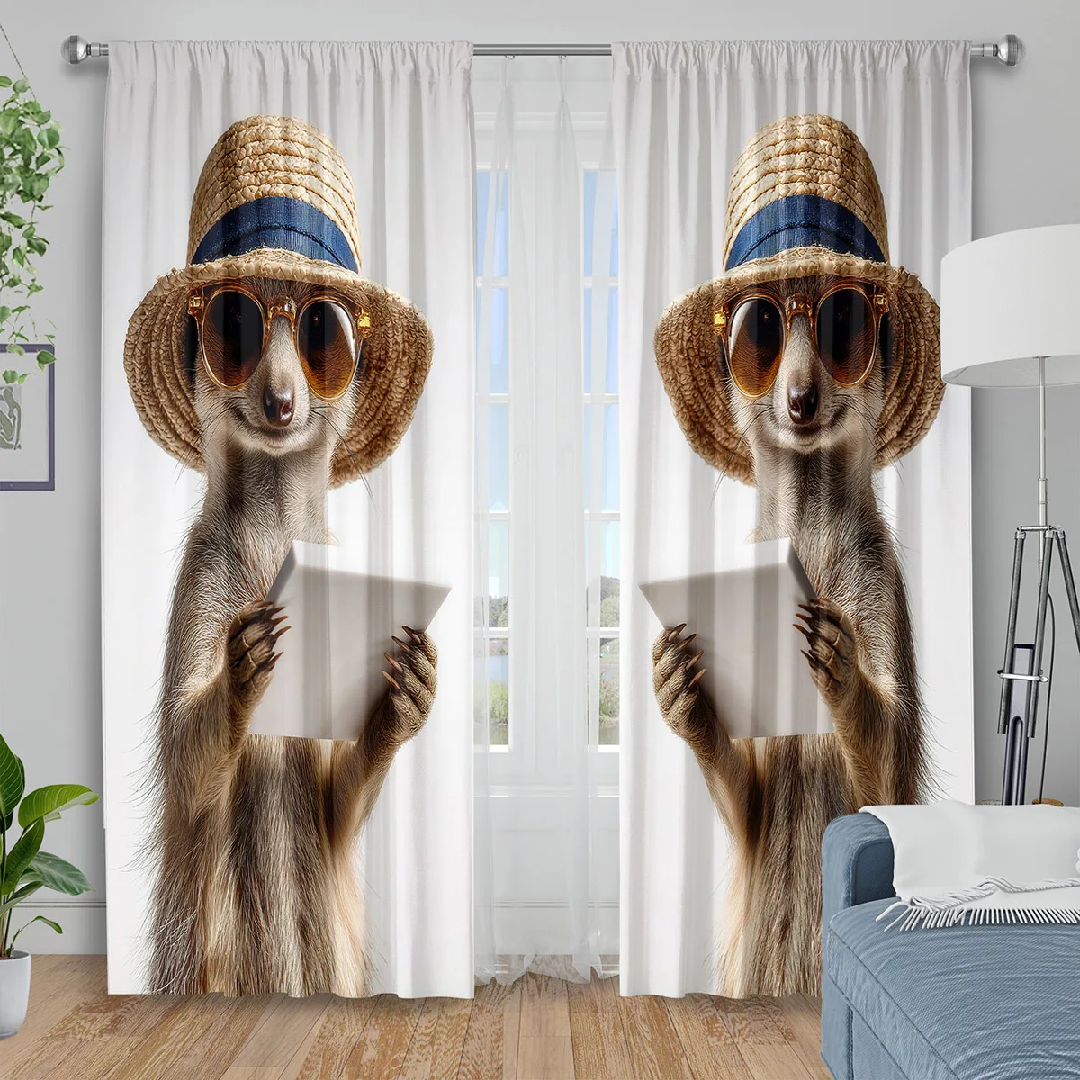 Funny Meerkat with Sunglasses and Hat Curtains, Cute Animal Print Blackout Drapes for Living Room, Quirky Home Decor Window