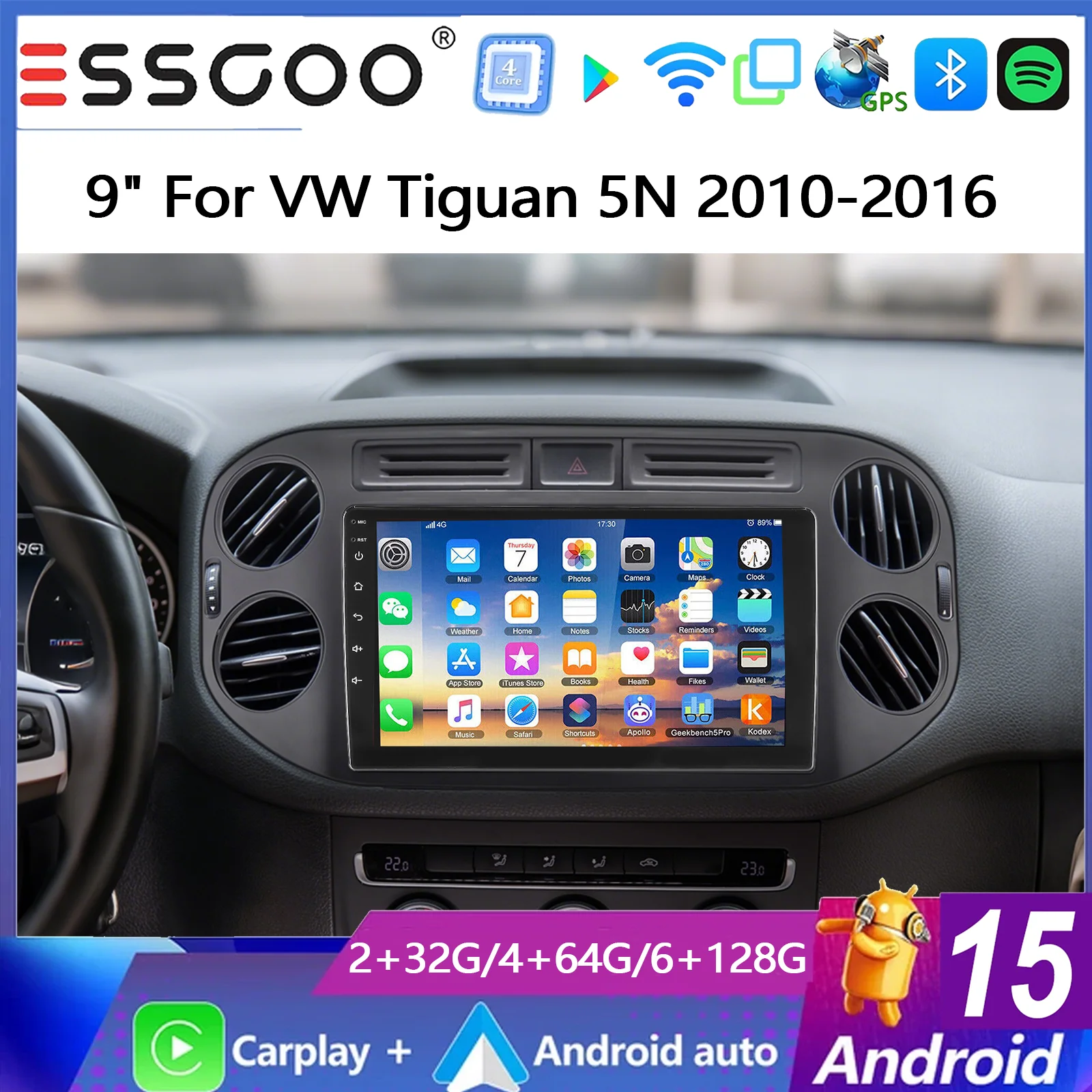 ESSGOO Android 15 9" Autoradio für VW Tiguan 5N 2010-2016 Wireless Carplay Android Auto GPS Navigation Bluetooth FM Lenkradsteuerung Wifi IPS Touchscreen Mirror Link Multimedia Videoplayer