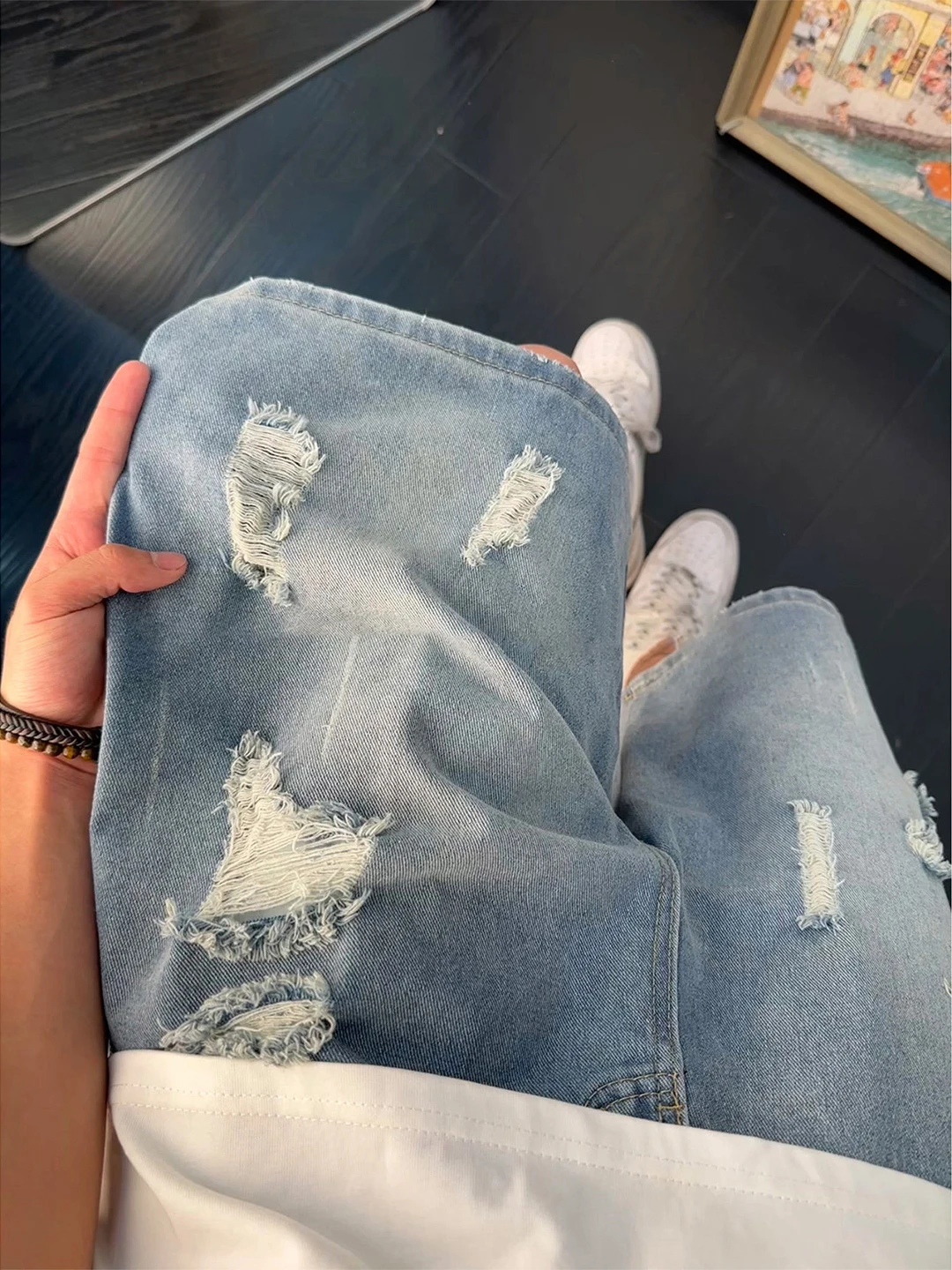 

Retro Blue Washed Ripped Denim Shorts Unisex Summer High Street Design Five-Quarter Pants Genderless Pants Casual Cotto...