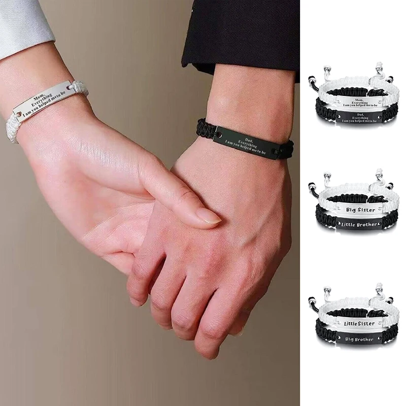 2Pcs Mom And Dad/Brother And Sister Bracelet Set Handmade Black White Braided Rope Bangles Family Jewelry Gifts