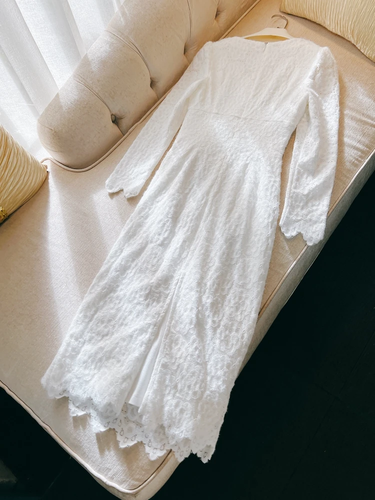 Ele Long Sve V-Ne Lace Dr with Diamond Decorations Vaion Wear Gentlewoman Sle White Floing Fabric A-Line S...