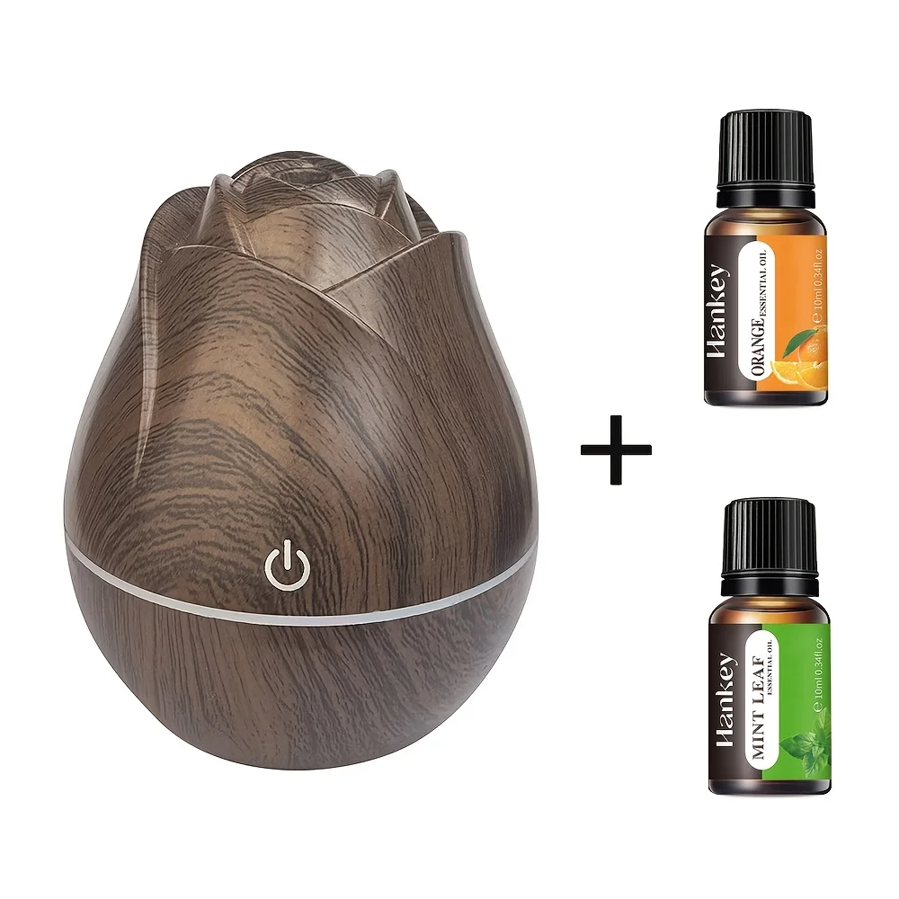 4.4oz Wooden Ultrasonic Electric Air Humidifier Home Aromatherapy Machine Essential Oil Aromatherapy Cold Mist With 2 Oils