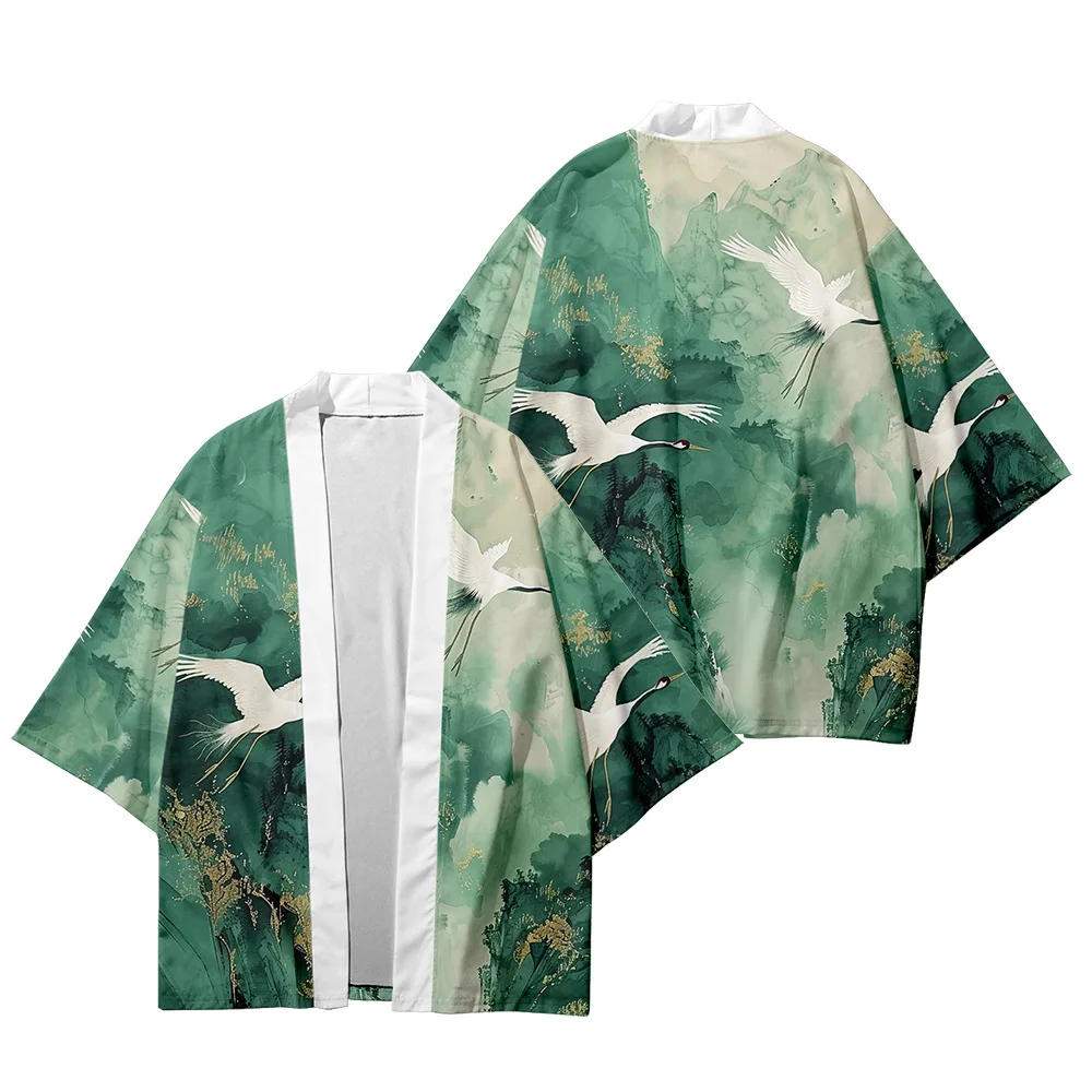Traditional Samurai Kimono Men Chinese Crane Print Cosplay Haori Green Cardigan Yukata Shirt Summer Robe