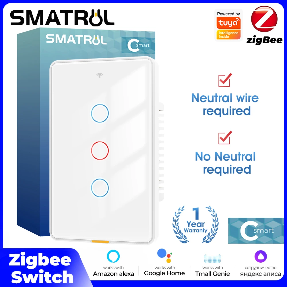 Tuya Zigbee Smart Light Touch Switch No Neutral Wire Wall Magnetic Latching Relay US 100-250v Voice Timer App Tmall Genie, Alexa