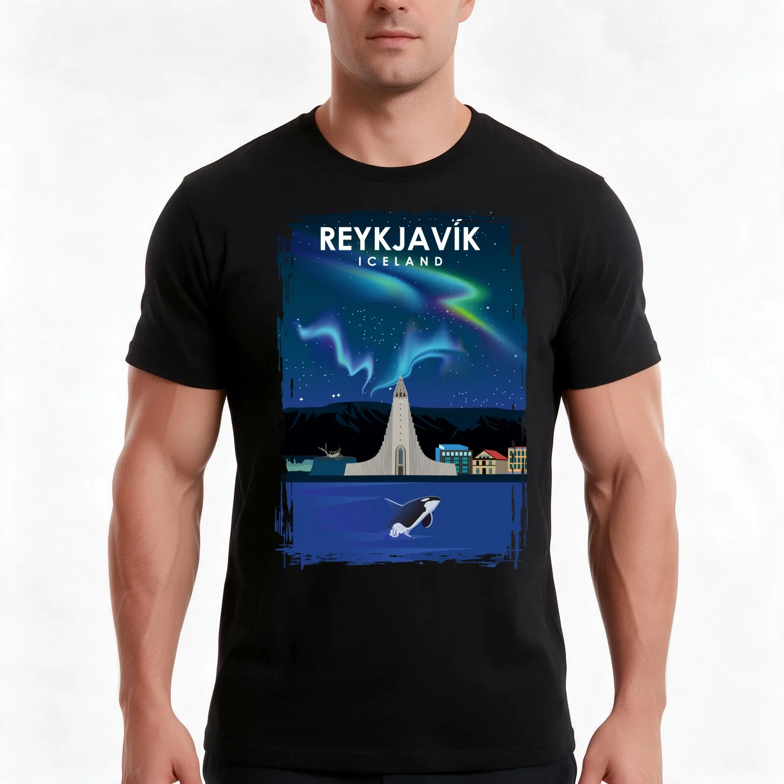 Reykjavik Iceland northern lights Travel Poster T-Shirt Summer Casual Cotton Tee Oversized Streetwear Tops Unisex Men Women