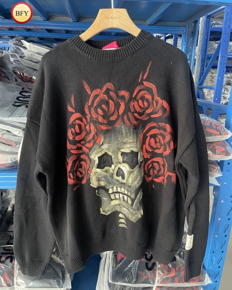 24SS Actual Black Hip Hop Rose Skull Printed Pullover Sweater Top Quality Crew Neck SAINT LOUIS Sweater