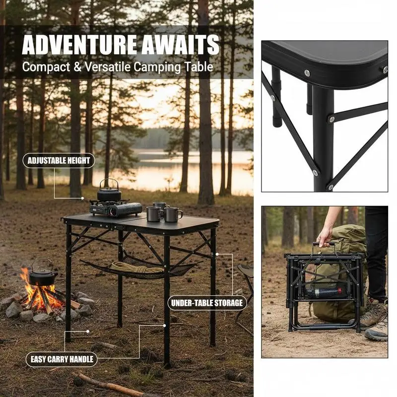 

Portable Folding Desk 24x16in For Picnic BBQ Cooking, Mesh Layer Storage Carrying Handle Aluminum Frame MDF Tabletop Black