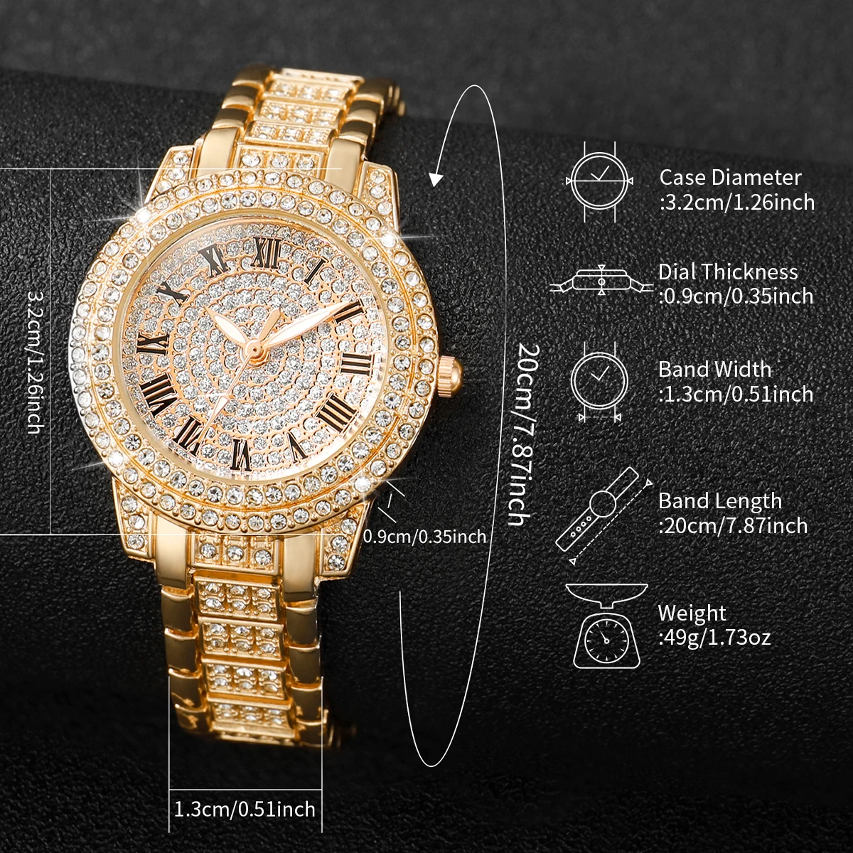 Women Gold Full Rhinestone Round Watch 6Pcs Jewelry Set Quartz Wristwatch Heart Diamond Necklace Earrings Ring - view 5