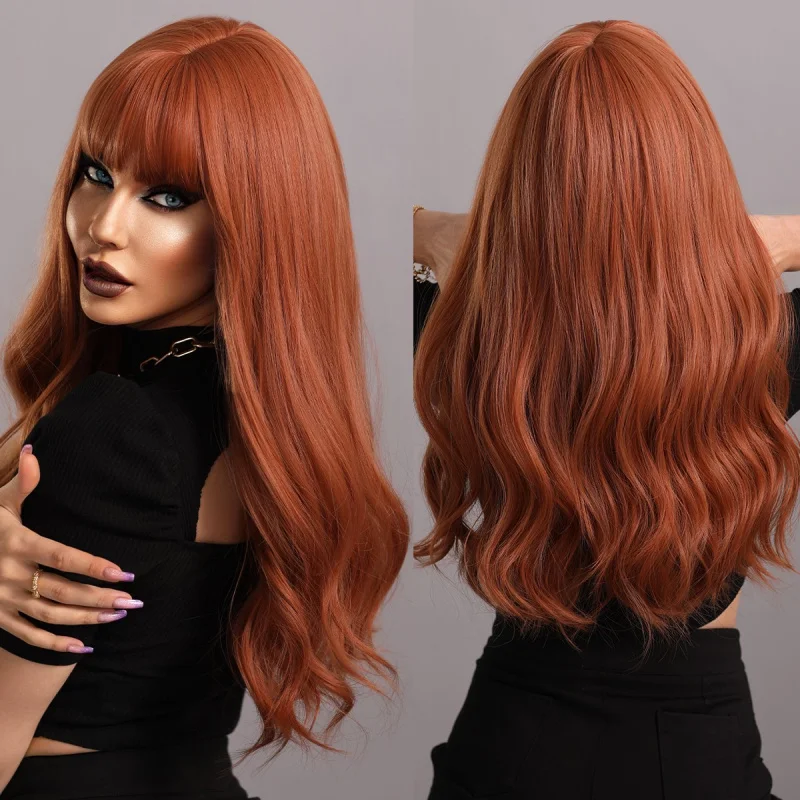 

Women Cosplay Wigs With Fringe Layered Long Wavy Copper Red Heat Resistant Hair