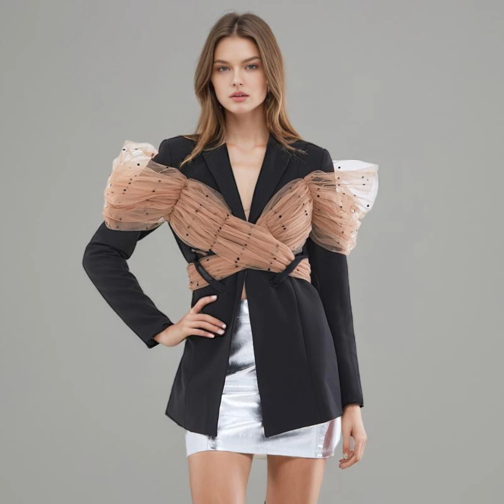 Colorblock Patchwork Mesh Blazer For Women Notched Collar Long Sleeve Backless Slimming Blazers Female Fashion New