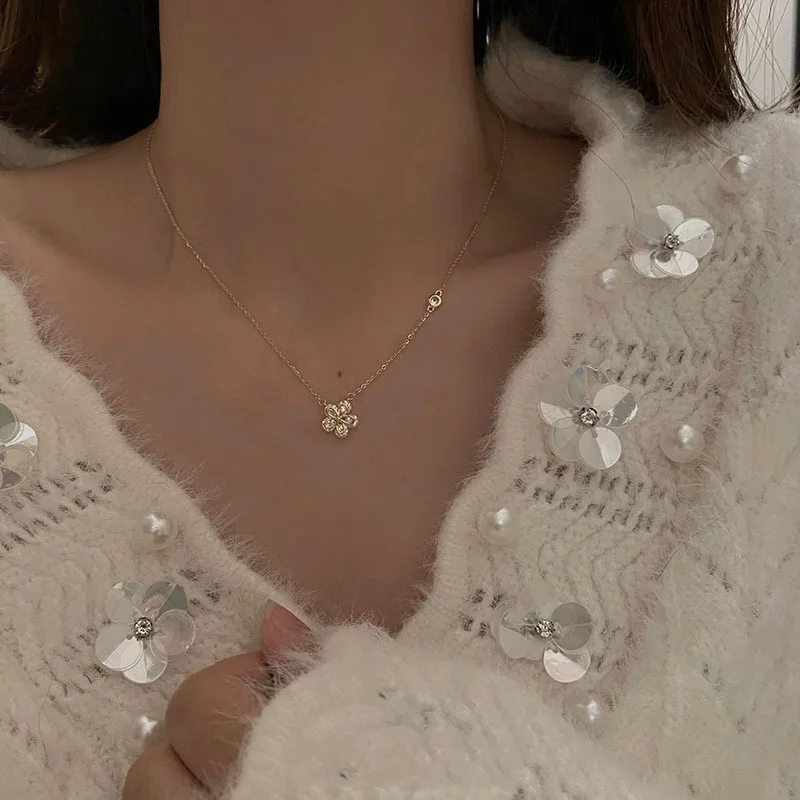 ENSHIR kalung liontin bunga zirkon berkilau untuk wanita rantai tulang selangka perhiasan halus pesta pernikahan grosir