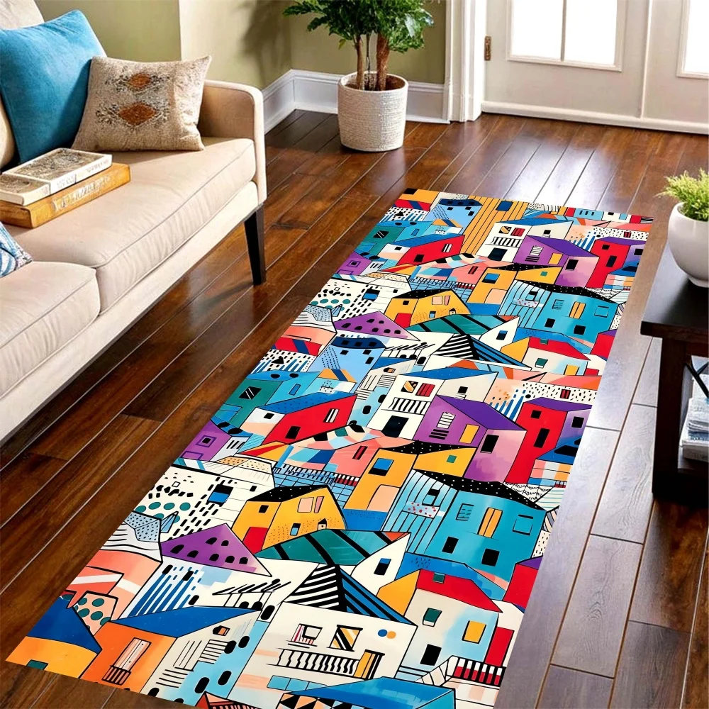 Commercial Printing House - Color Cartoon Town Long Runner Rug,bright