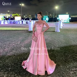 Qanz Elagnt Pink Satin Evening Dresses Long A Line Lace Pageant Dresses for Women Backless Wedding Party Dress Customized