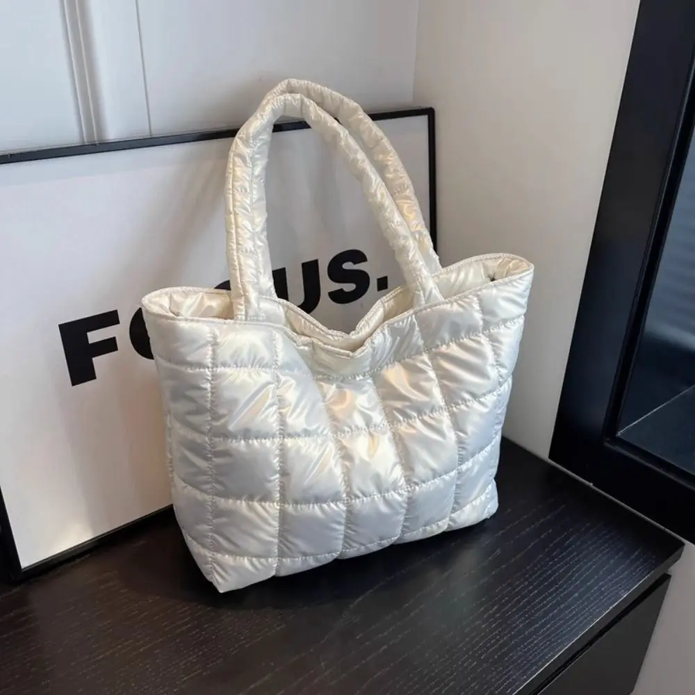 

Korean Style Down Cotton Shoulder Bag Large Capacity Checkered Cotton-padded Tote Bag Space Cotton Solid Color Nylon Handbag