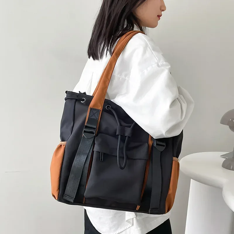 New Large Capacity Contrast Tote Handbag Simple Commuting Shoulder Casual Crossbody Bag Classroom Drawstring Zipper Buckle