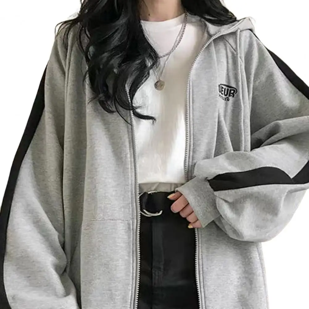 Women Solid Color Zipper Hoodies Harajuku Drawstring Long Sleeve Hooded Sweatshirts Korean Casual Pocket Jacket Streetwear